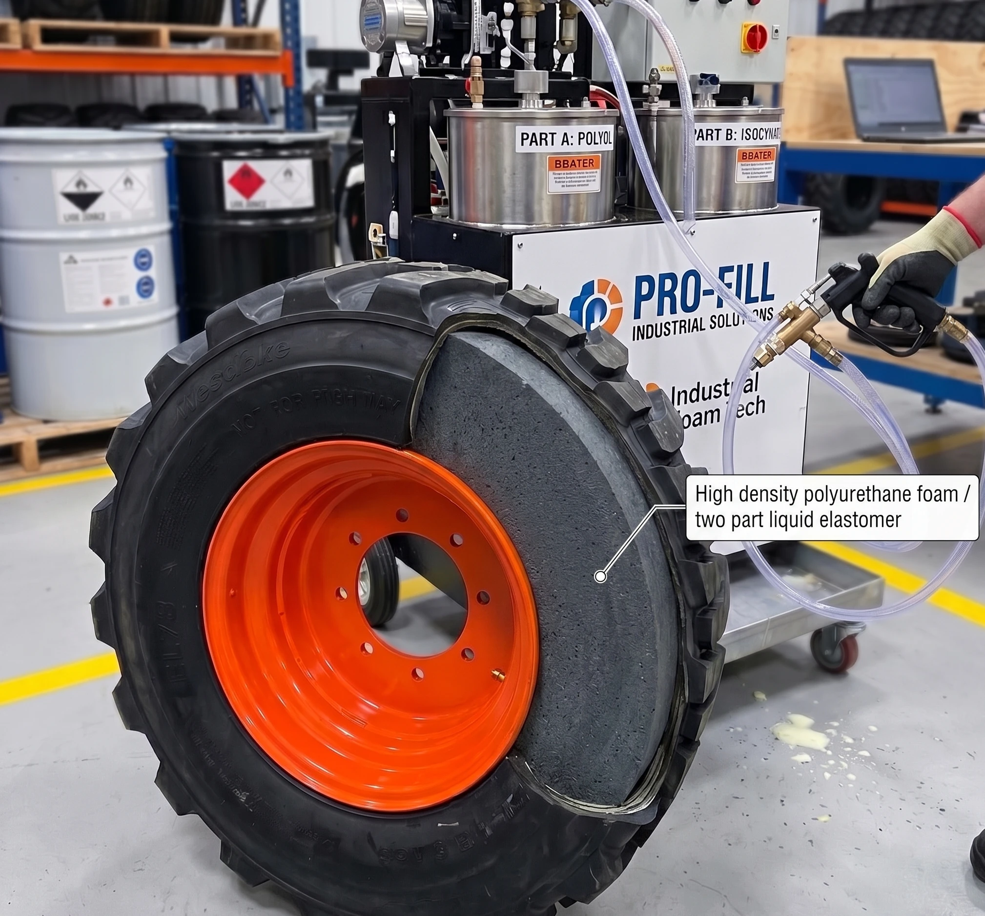 Construction and industrial equipment using foam filled tires