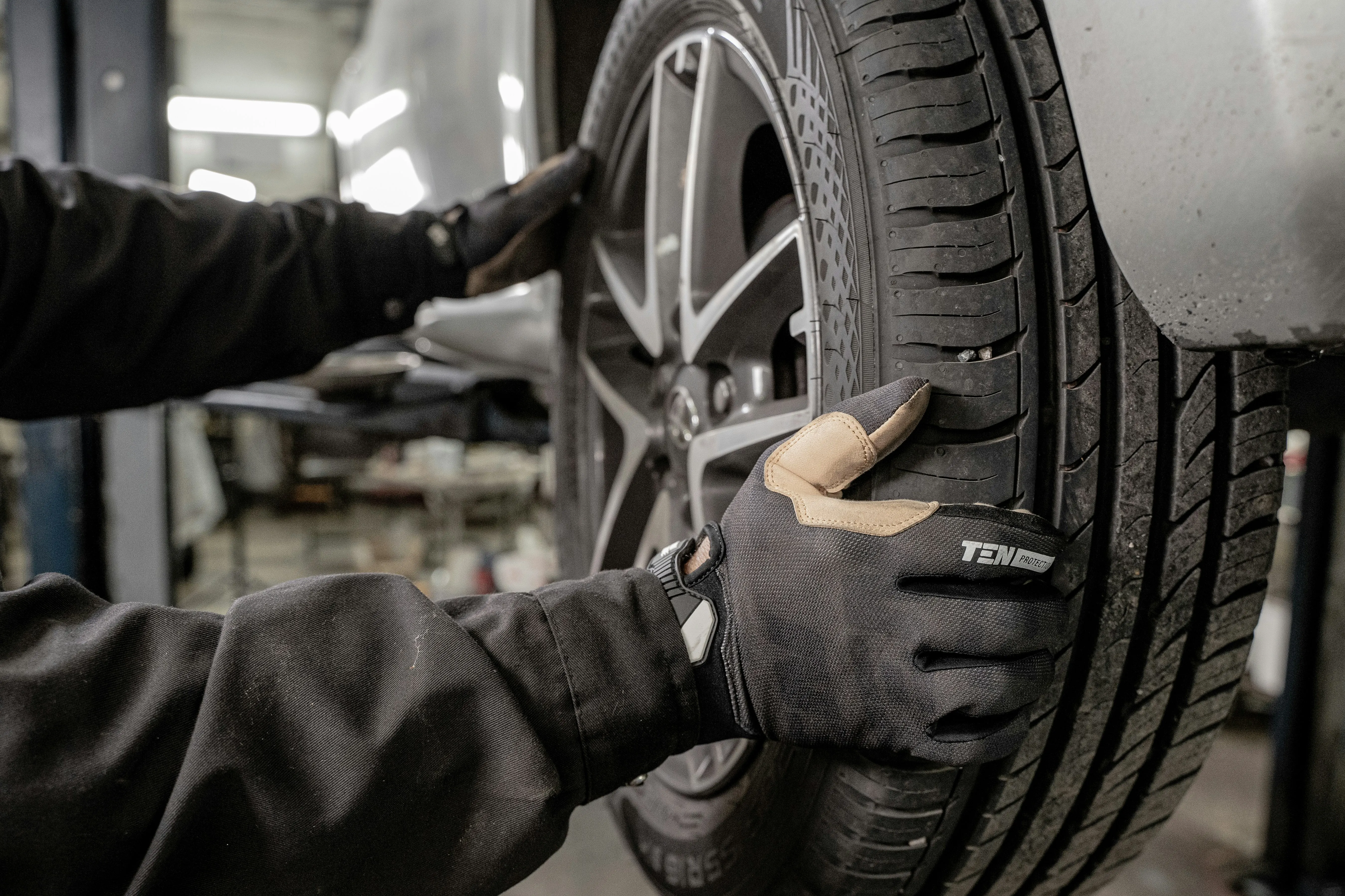 Tire repair and service work in progress