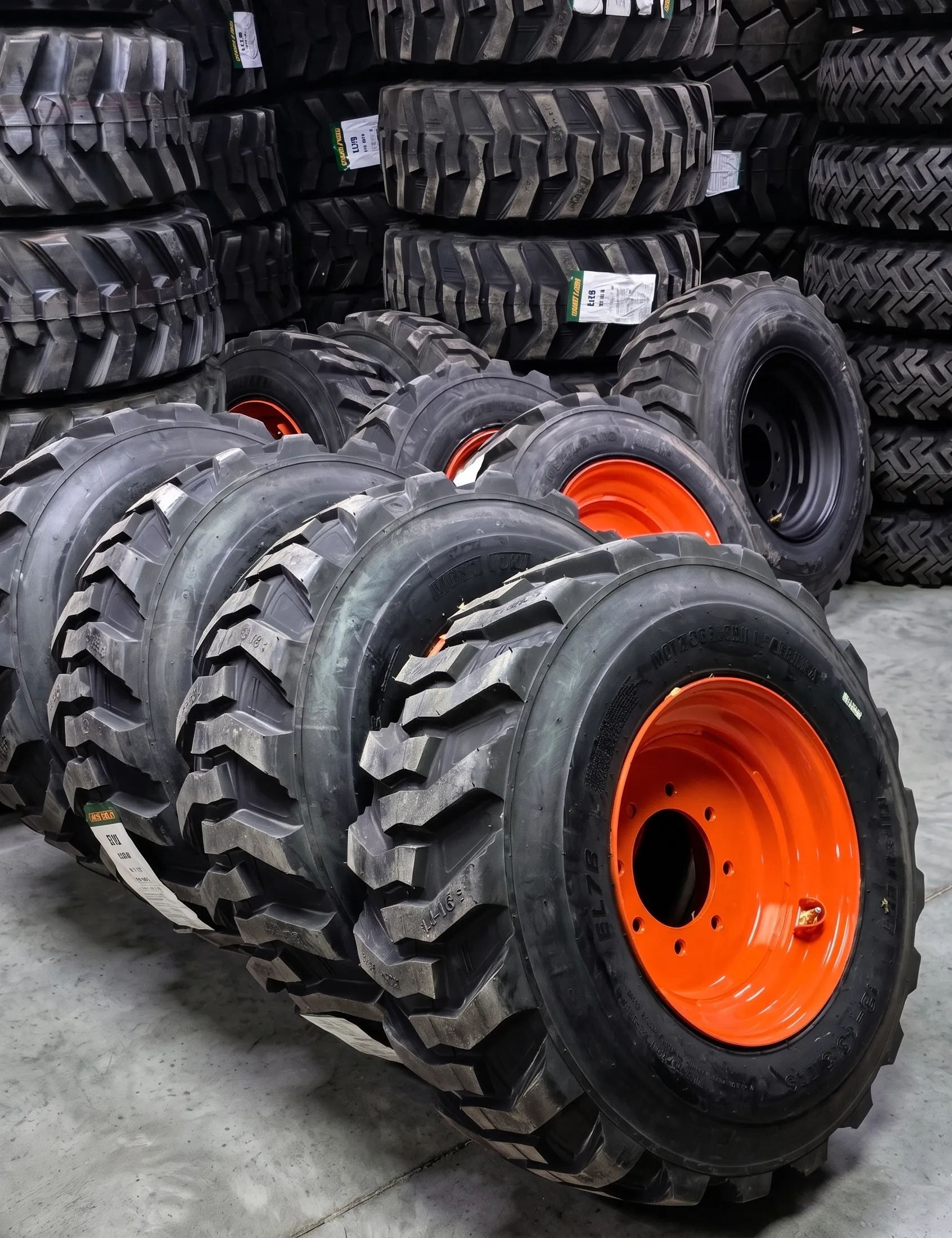 Pneumatic skid steer tire and wheel assemblies for mixed-surface operation
