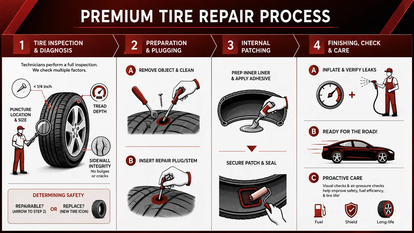 Tire repair infographic: inspection, repair zones, and when a tire can be safely repaired