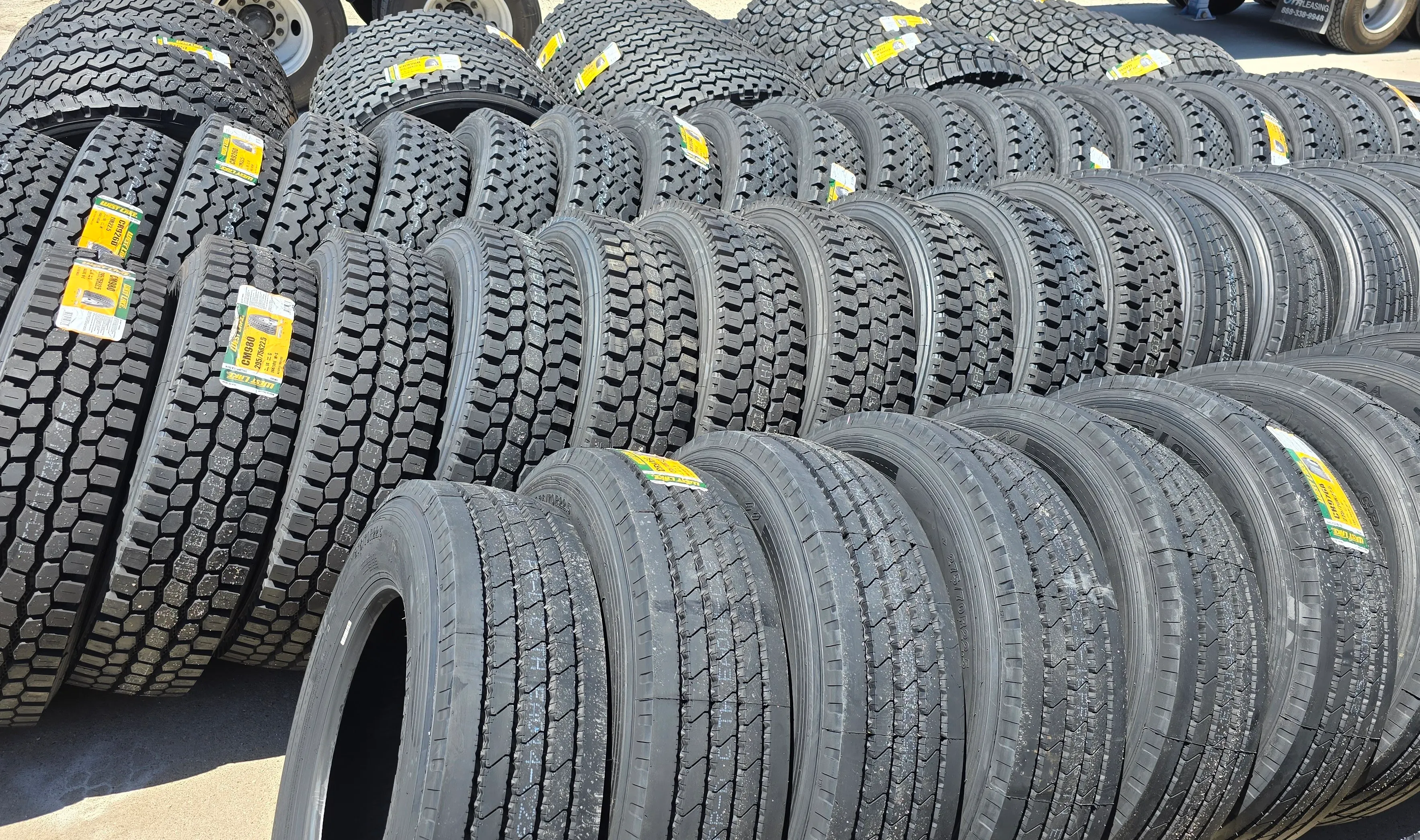 Commercial semi truck tires staged for fleet installation service